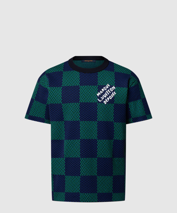 자카드 다미에 쇼트 슬리브드 코튼 크루넥