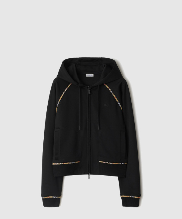 체크 트리밍 코튼 블렌드 지퍼 후디